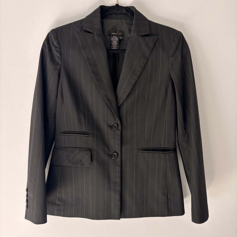 BCBG Black Pinstripe Blazer Size 2 Tailored Career Jacket